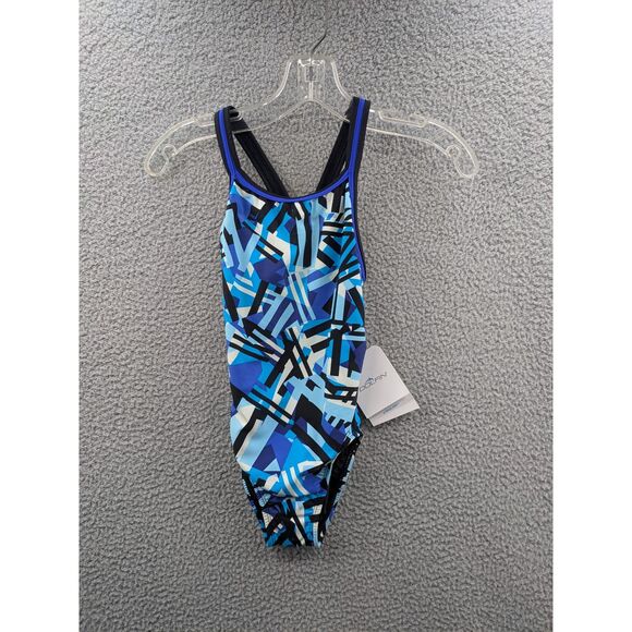 Dolfin Girls One Piece Blue Black and White Swimsuit sz 26 Training Competition - Picture 1 of 8